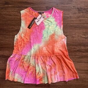 NWT Papermoon Size Medium Tie Dye Peplum Tank Top Boho Pink Orange Babydoll